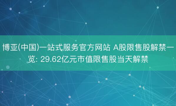 博亚(中国)一站式服务官方网站 A股限售股解禁一览: 29.62亿元市值限售股当天解禁